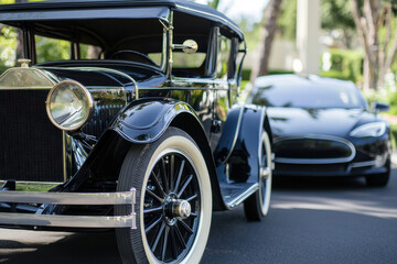 Fototapeta premium A juxtaposition of automotive history: A classic black car meets a modern black electric vehicle, reflecting the past, present, and future of transportation and design.