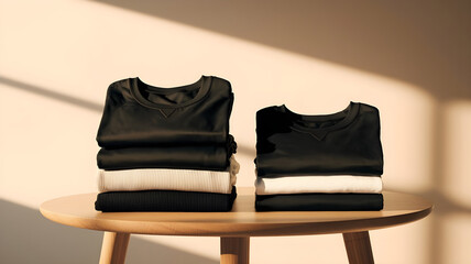 A minimalist, yet striking photograph featuring a meticulously arranged set of six black, round-neck t-shirts and sweaters folded neatly into a stack. Each garment is cleanly isolated against a soft.