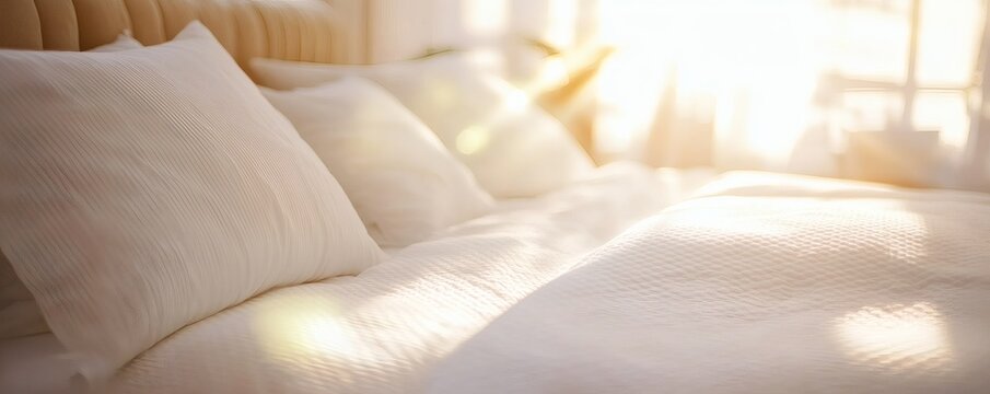 A bright sunlit bedroom shows white bed linens and pillows on display