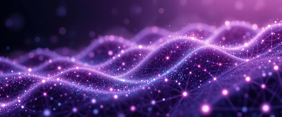 Abstract shimmering diamond sparkling wavy network connecting field, in purple gradient Color with glowing connected points, 8k resolution,