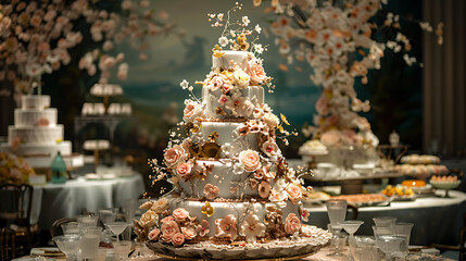 A wedding cake with intricate floral decorations and elegant pastel tones