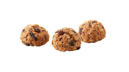 Three oatmeal raisin cookies falling on transparent background