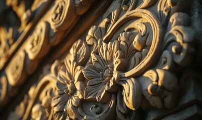 Ornate stone carving with intricate floral designs in warm light.