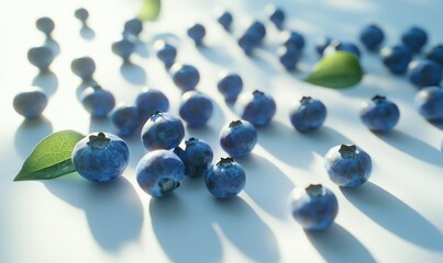 Fresh blueberries scattered on a clean white surface, illuminated by natural light to create a vibrant and refreshing flat-lay composition,