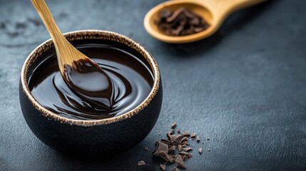 Small black bowl with a wooden spoon in it. the bowl is filled with a dark brown liquid, which appears to be melted chocolate.