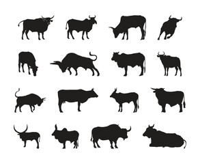 Silhouette Collection of Cows and Bulls, Hand drawn cow set vector illustration.