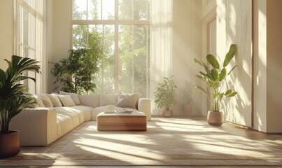 Fototapeta premium Bright living room with cozy furniture and lush green plants.