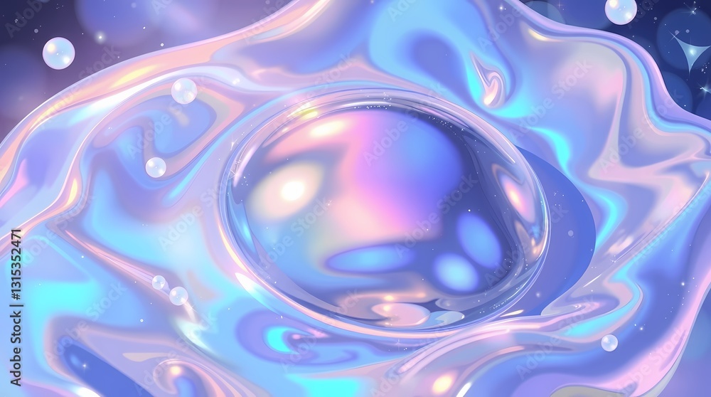 Poster abstract iridescent orb: a mesmerizing illustration of a glossy, iridescent orb suspended within a f