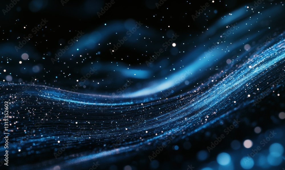 Poster abstract wave of glowing blue lines against a black background, illuminated by soft futuristic light