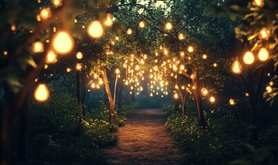 Night scene of a mysterious forest with glowing lights and a magical atmosphere .