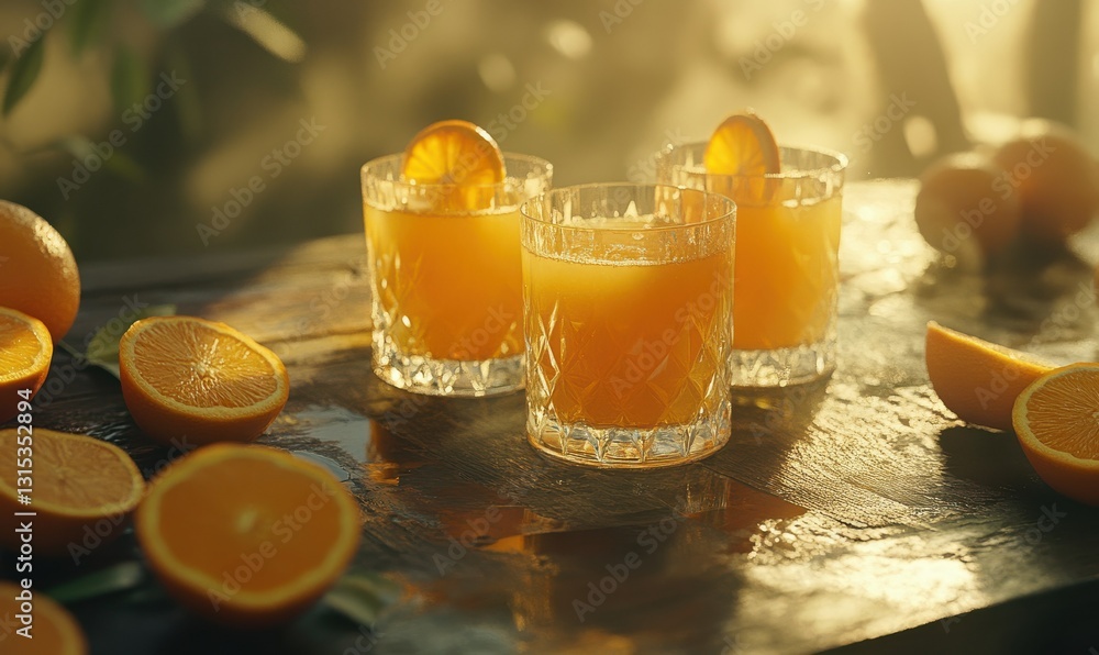 Poster fresh orange juice served in clear glasses placed on a rustic wooden surface surrounded by orange sl