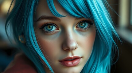 Radiant Blue: A captivating portrait of a young woman with striking blue hair and captivating blue eyes, exuding an ethereal and artistic allure.