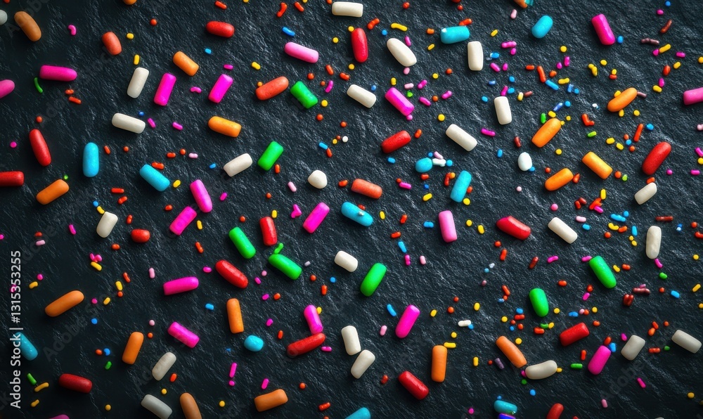 Poster artistic arrangement of colorful candy sprinkles scattered across a slate background, illuminated by