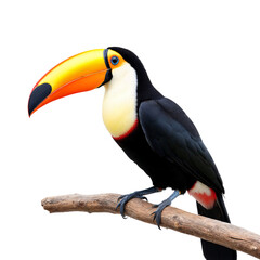 Colorful Toucan Perched on Branch Against White Background