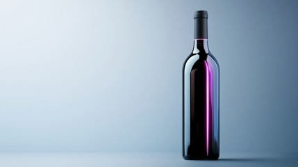 A vector illustration of a wine bottle, with sleek, angular forms and glowing accents, with neon glare, on minimalist background