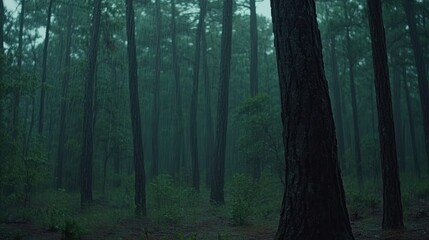 Obraz premium Rainy Day in the Enchanting Pine Forest: A Serene Escape into Nature's Embrace