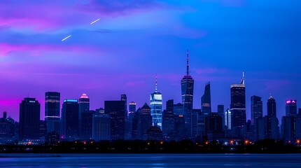 Skyline Serenity: An iconic city skyline silhouette against a gradient of colors at dusk. capturing the metropolitan area, vibrant color, city architecture.