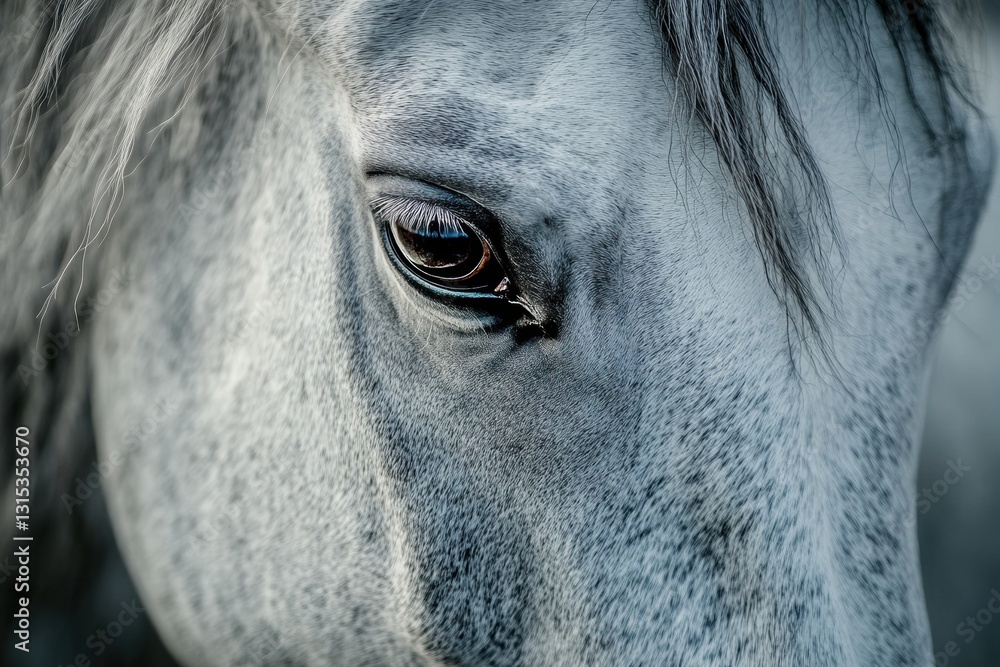 Aufkleber close up of a majestic grey horse displaying intricate details in its eye and coat during a tranquil