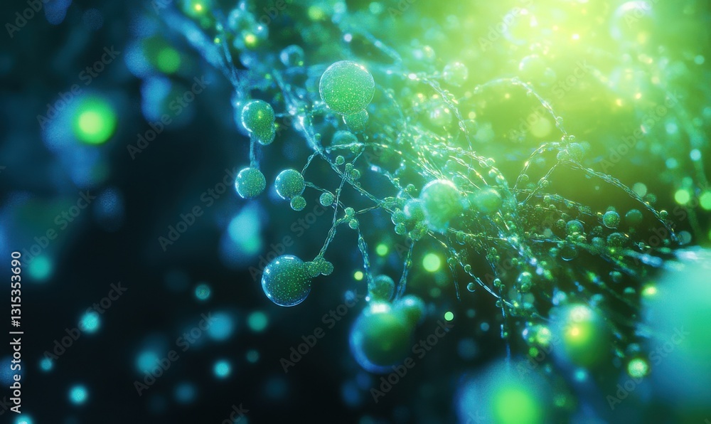 Poster abstract green and blue glowing spheres network connecting intricate patterns.