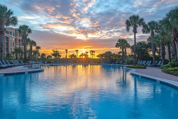 Fototapeta premium Stunning Sunset View Tropical Resort Poolside Relaxation Luxury Vacation Scenic Palm Trees Tranquil Water Beautiful Orange Sky Evening Calm Peaceful 