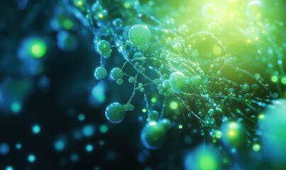 Abstract green and blue glowing spheres network connecting intricate patterns.