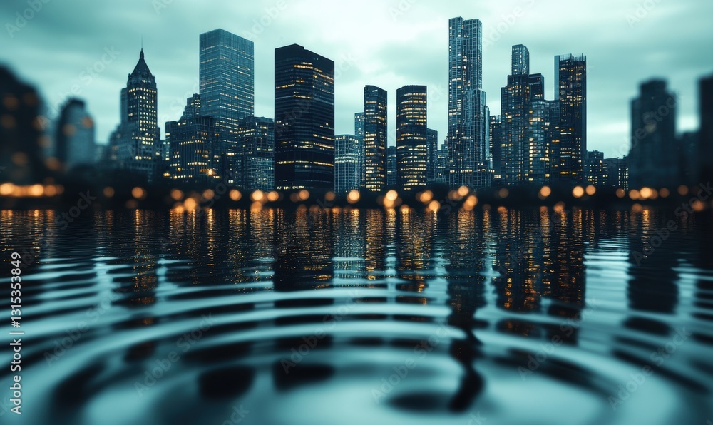 Poster modern cityscape reflected in a pool of water, with dynamic ripples adding motion to the serene view