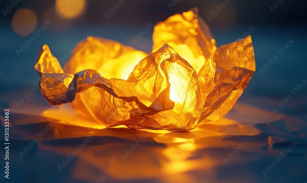 Poster artistic flat lay of crumpled golden foil paper illuminated by soft ambient light, emphasizing its r
