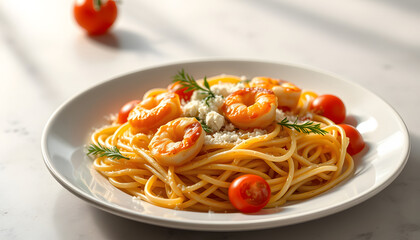 Italian pasta with shrimps , parmesan and tomatoes, flat design. with white shades
