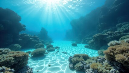 Split view of coral reef underwater and clear ocean surface with sunlight above	