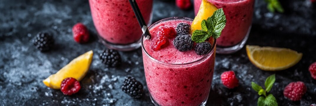 La escena muestra deliciosos smoothies de frutas rojas, decorados con fresas y menta, sobre un fondo oscuro.
