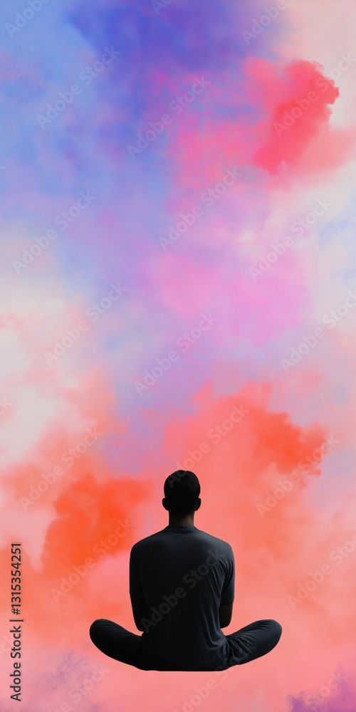 Poster a man is sitting in a lotus position in front of a colorful background. the background is a mix of r