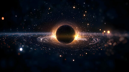 Obraz premium A Supermassive Black Hole with Orange Accretion Disk in the Center of a Spiral Galaxy with Stars