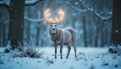 Fototapeta premium Deer with glowing antlers standing in snowy forest