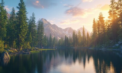 Fototapeta premium Calm and reflective mountain lake surrounded by dense pine trees under a vibrant sunrise illuminated by warm natural light creating a peaceful wilderness scene