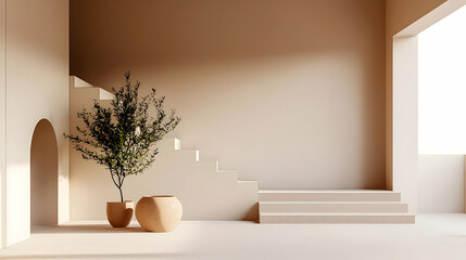 Beige Minimalist Interior Design With Plants and Stairs in a Modern Home with Warm Lighting 3D Rendering