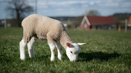 Obraz premium A cute lamb is grazing in a countryside farmer's field, a lamb in farm, a lamb is grazing, a cute lamb is grazing, generated with ai