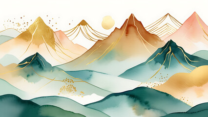 Watercolor Painting of Mountain Range Landscape with Golden Sun and Details
