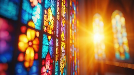 Colorful, patterned stained glass with sunlight streaming through arched windows