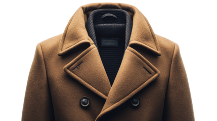Brown wool coat isolated, showcasing a stylish autumn or winter fashion garment for men, offering elegance and warmth for seasonal clothing trends.