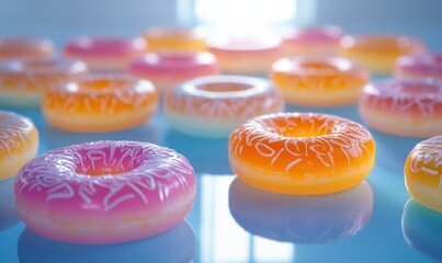 Bright and colorful donuts with intricate frosting designs placed on a pastel blue surface illuminated by diffused light creating a playful dessert arrangement