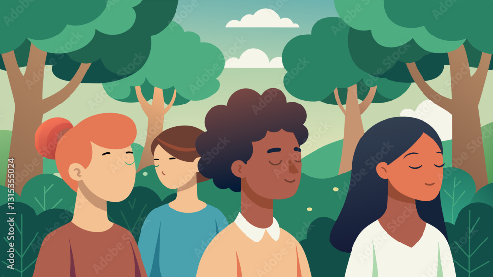 Poster a warm breeze rustles through the trees as a multicultural group practices synchronized breathing th
