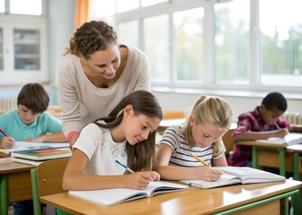 Fototapeta premium Teacher Helping Pupils Studying At Desks In Classroom