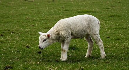 Obraz premium A cute lamb is grazing in a countryside farmer's field, a lamb in farm, a lamb is grazing, a cute lamb is grazing, generated with ai