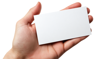Closeup of a hand holding a blank business card isolated on transparent background, perfect for corporate, business, or branding mockups and design presentations.