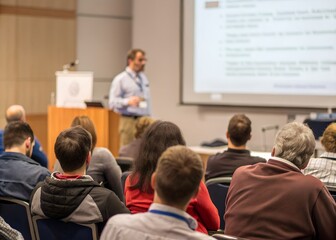 Fototapeta premium Male speaker giving presentation in hall at university workshop. Audience or conference hall. Rear view of unrecognized participants in audience. Scientific conference event, training. Education