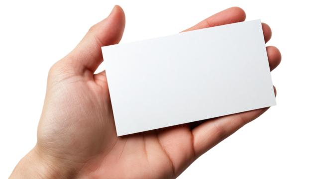 Closeup of a hand holding a blank business card isolated on transparent background, perfect for corporate, business, or branding mockups and design presentations.