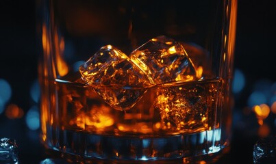 Close-up of a glass of whiskey with ice cubes, glowing amber liquid illuminated against a dark moody background, refined and elegant, .