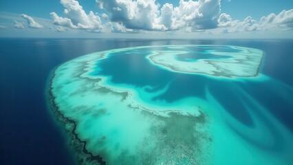Obraz premium Aerial view of a tropical atoll with coral reef and turquoise lagoon waters 