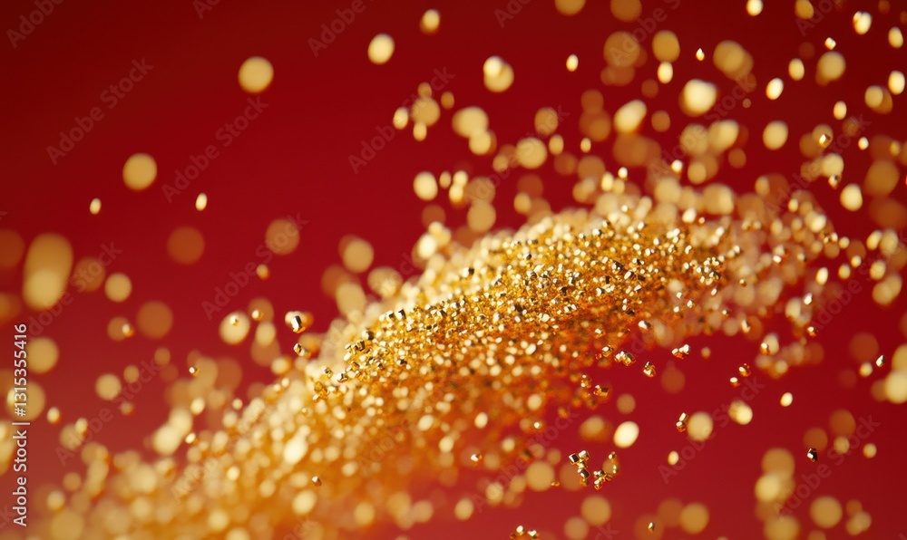 Poster close-up of shimmering golden particles scattering against a fiery red gradient background, creating