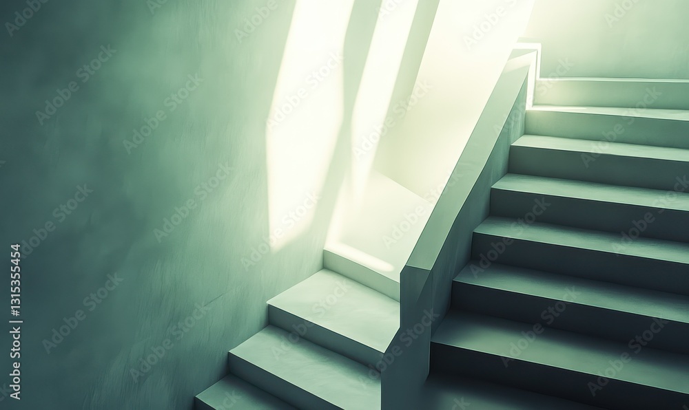 Poster minimalist staircase with sharp geometric lines, illuminated by soft sunlight casting shadows on cle